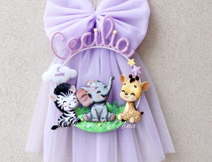 Fiocco nascita Safari con nome Cecilia in tricotin