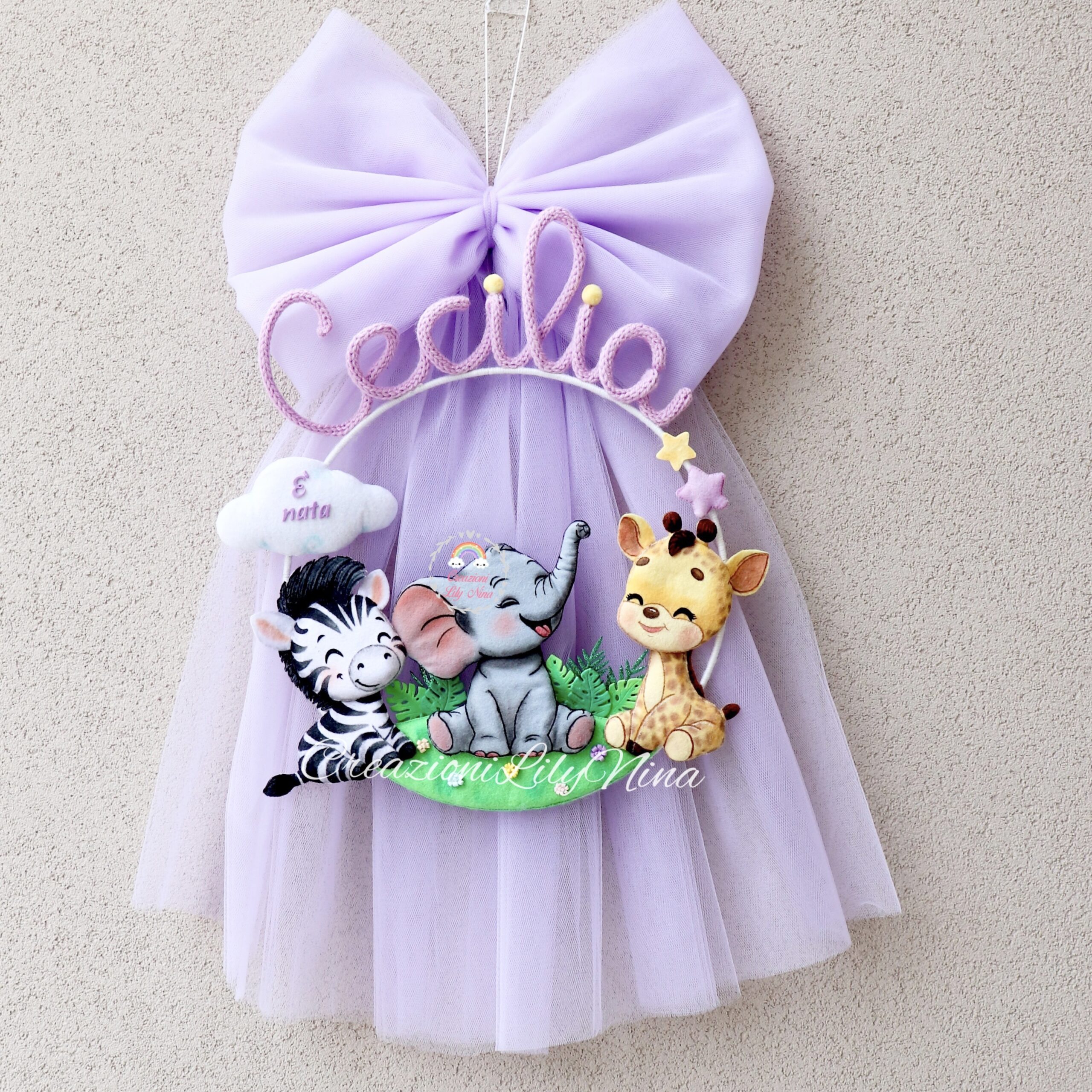 Fiocco nascita Safari con nome Cecilia in tricotin 