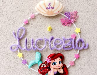Fiocco nascita la sirenetta Ariel con nome Lucrezia in tricotin, feltro e pannolenci fatto a mano