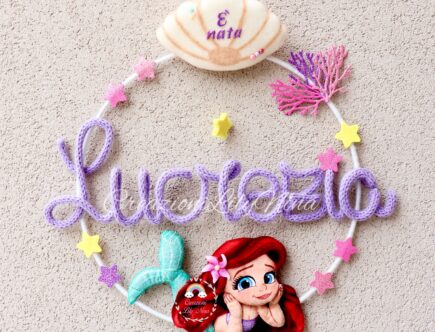 Fiocco nascita la sirenetta Ariel con nome Lucrezia in tricotin, feltro e pannolenci fatto a mano