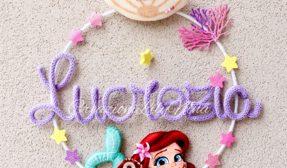 Fiocco nascita la sirenetta Ariel con nome Lucrezia in tricotin, feltro e pannolenci fatto a mano