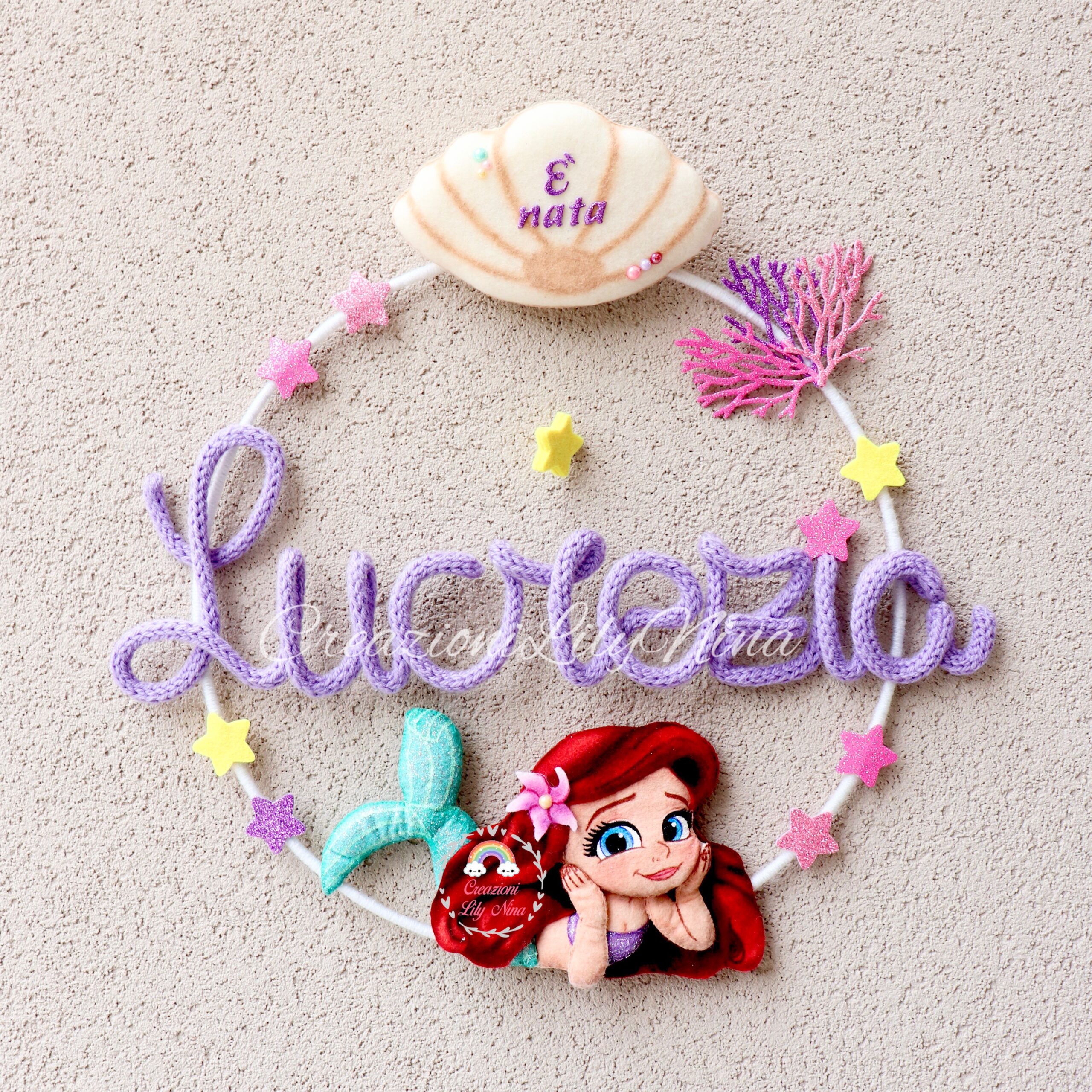 Fiocco nascita la sirenetta Ariel con nome Lucrezia in tricotin, feltro e pannolenci fatto a mano