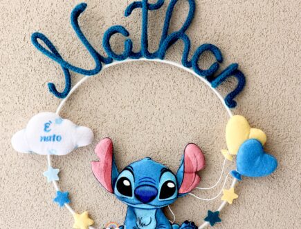 Fiocco nascita tricotin Stich con nome Nathan