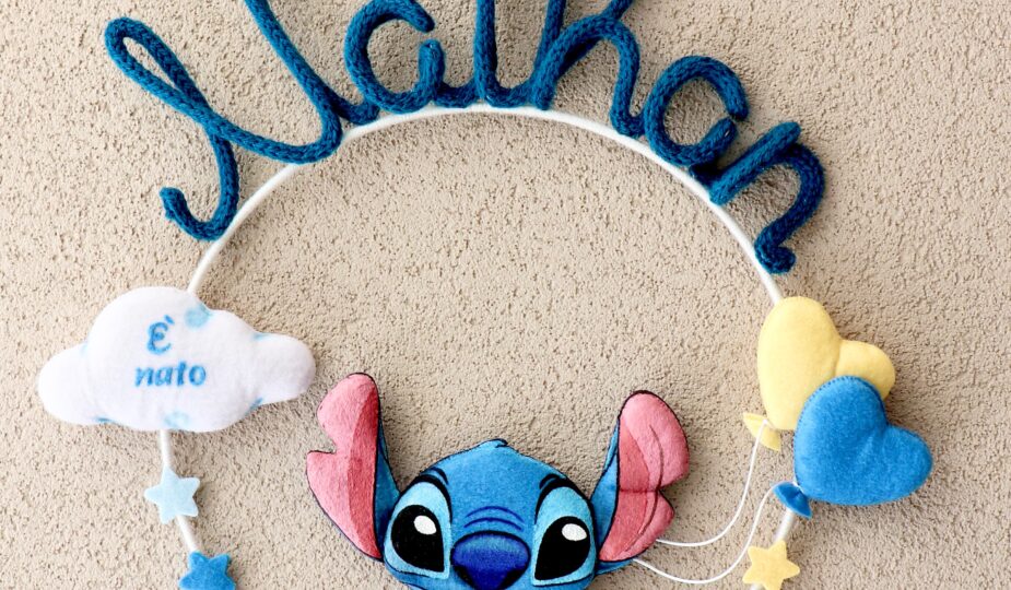 Fiocco nascita tricotin Stich con nome Nathan
