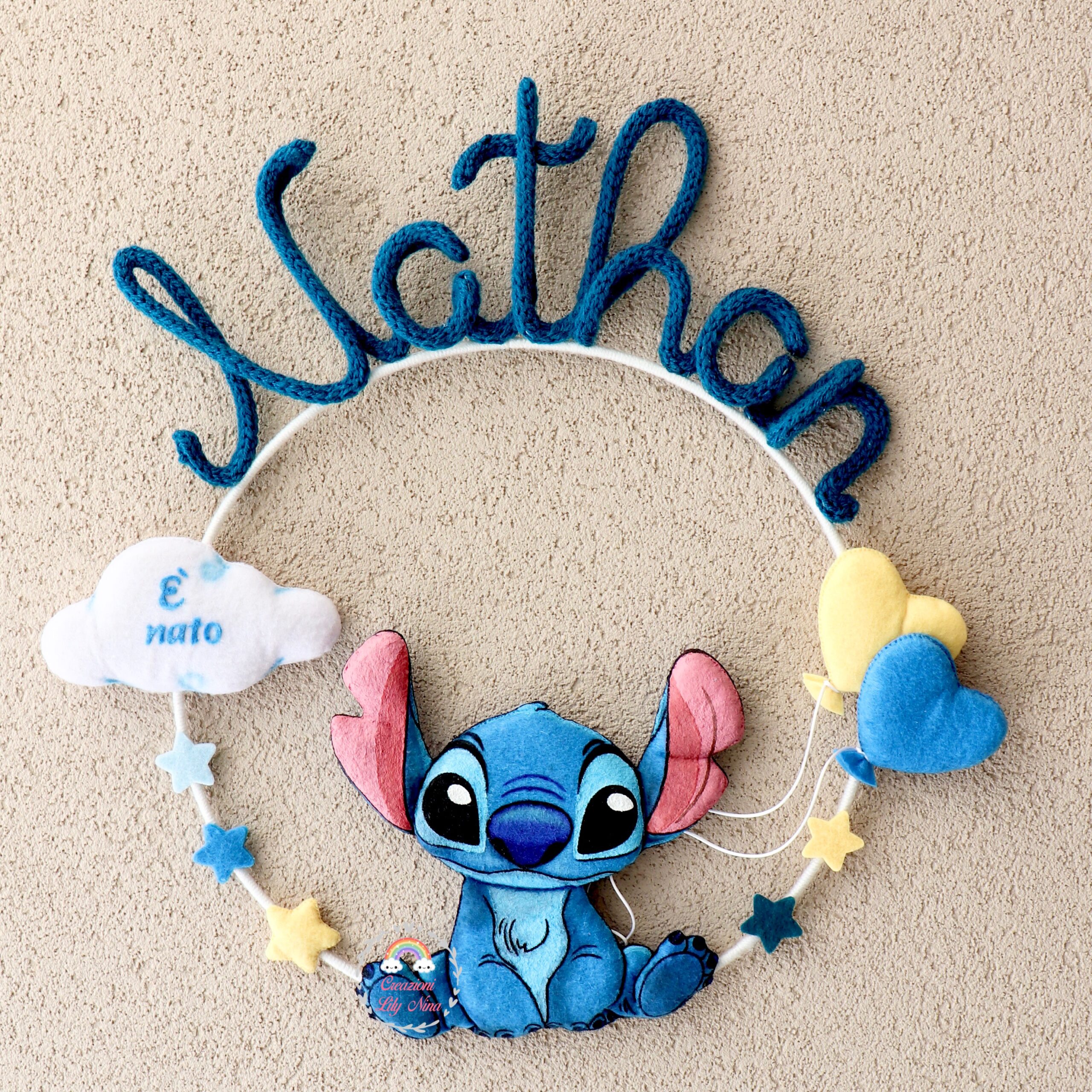 Fiocco nascita tricotin Stich con nome Nathan